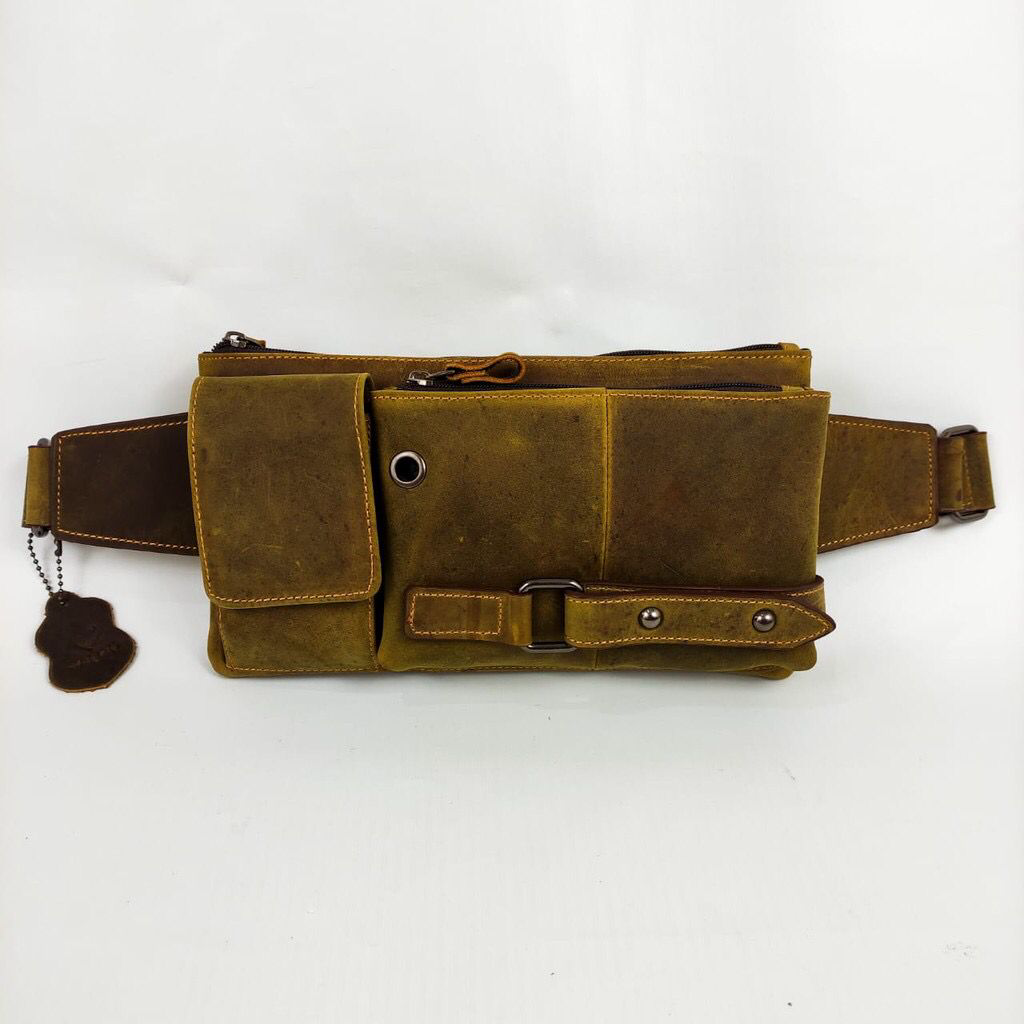 Tas Selempang Kulit Asli HALETH Sling Bag Tas Pinggang Tas Dada Waist Bag Cowok Pria Laki Pull Up